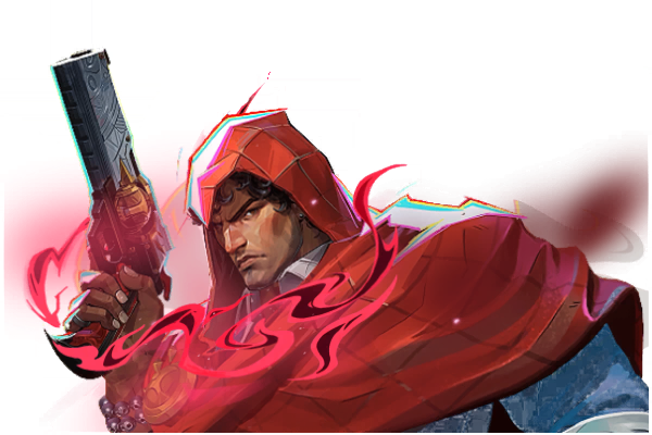 Arte do Capuz, encapuzado de vermelho e empunhando uma pistola